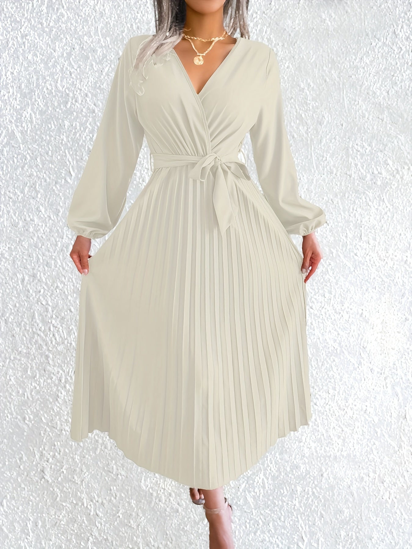 Elegant Pleated Wrap Maxi Dress for Women with V Neck Bishop Sleeve Belted Flowing Style