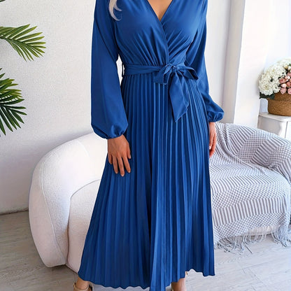 Elegant Pleated Wrap Maxi Dress for Women with V Neck Bishop Sleeve Belted Flowing Style