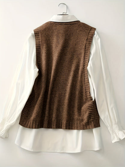 Comfortable Knit Sweater Vest for Women with Round Neck Sleeveless Button Front Ribbed Trim Style