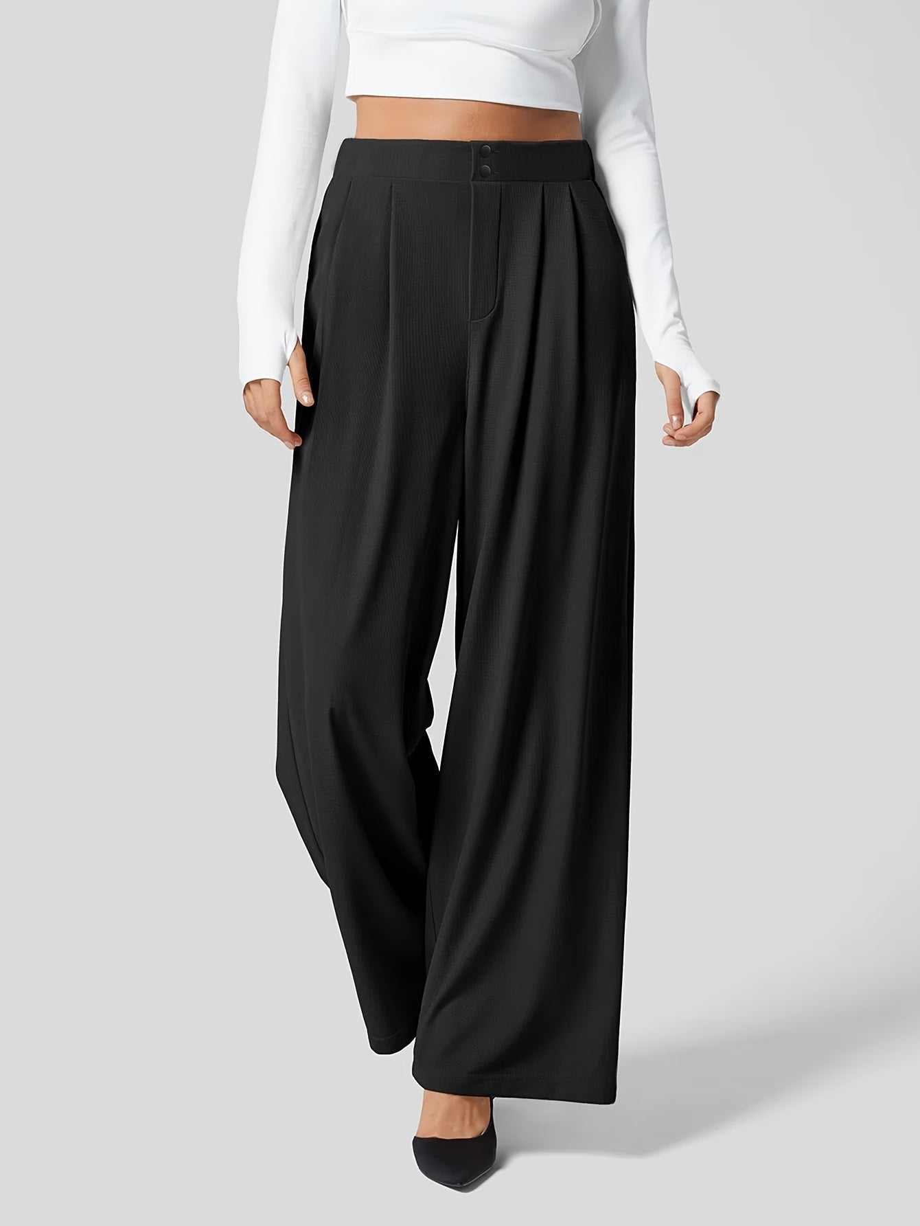 Effortless Khaki Wide Leg Pants for Women with High Waist Pleated Button Front Relaxed Style