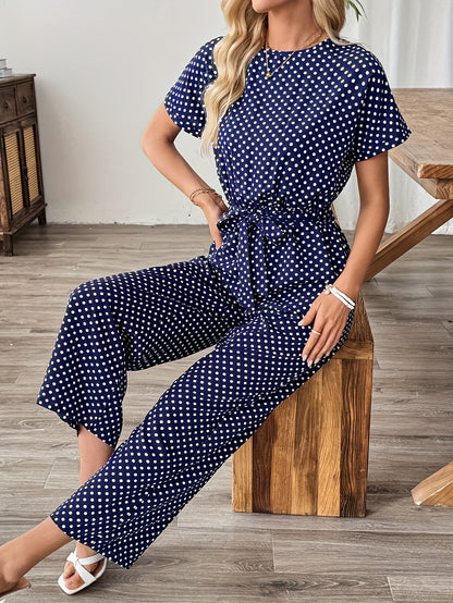 Effortless Polka Dot Jumpsuit for Women with Boat Neck Short Sleeve Tied Waist Wide Leg Style