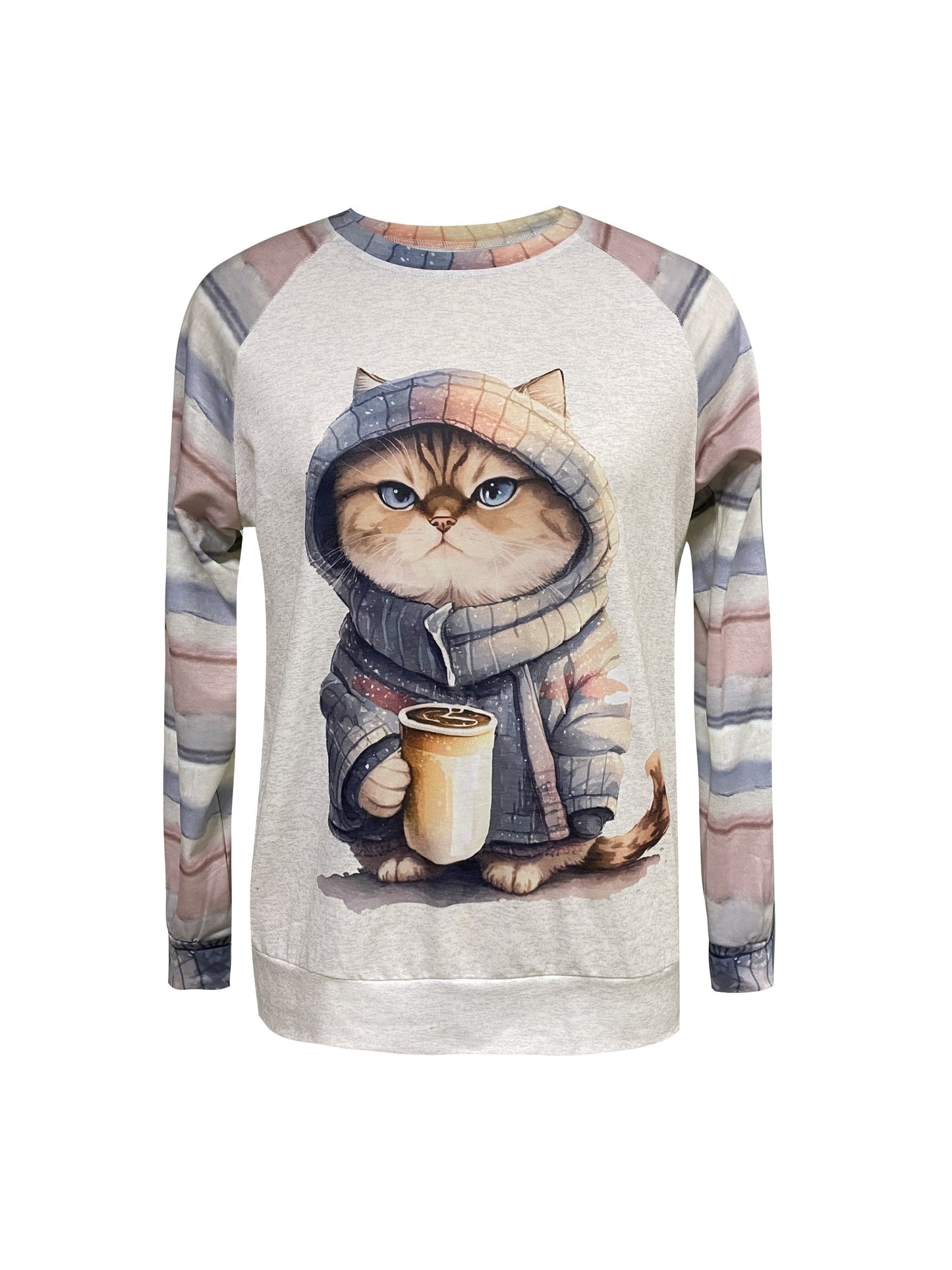 Comfortable Apricot Cat Print Sweatshirt for Women with Crew Neck Long Sleeve Striped Raglan Relaxed Style