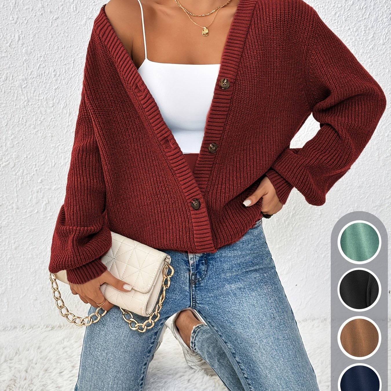 Comfortable Ribbed Knit Cardigan for Women with V Neck Balloon Sleeve Button Front Oversized Style