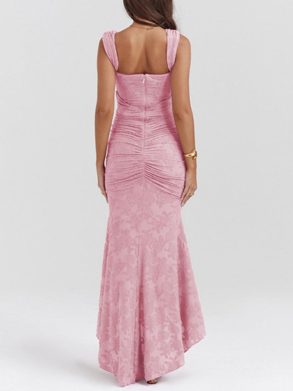 Elegant Lace Corset Mermaid Maxi Dress for Women with Square Neck Sleeveless Ruched High Low Formal Style