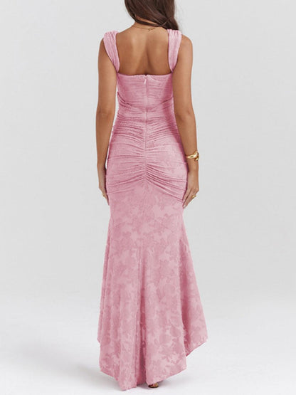 Elegant Lace Corset Mermaid Maxi Dress for Women with Square Neck Sleeveless Ruched High Low Formal Style