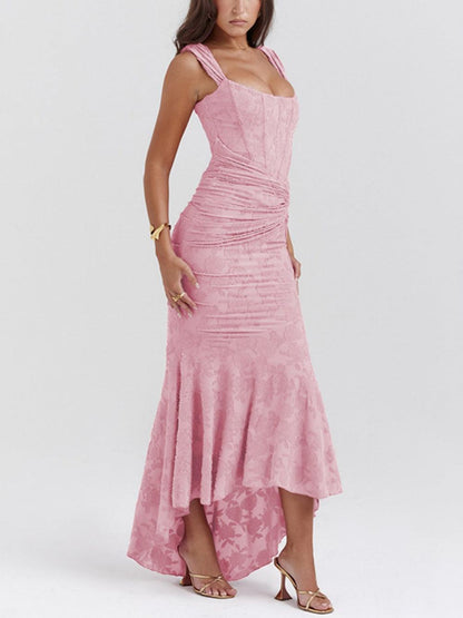 Elegant Lace Corset Mermaid Maxi Dress for Women with Square Neck Sleeveless Ruched High Low Formal Style