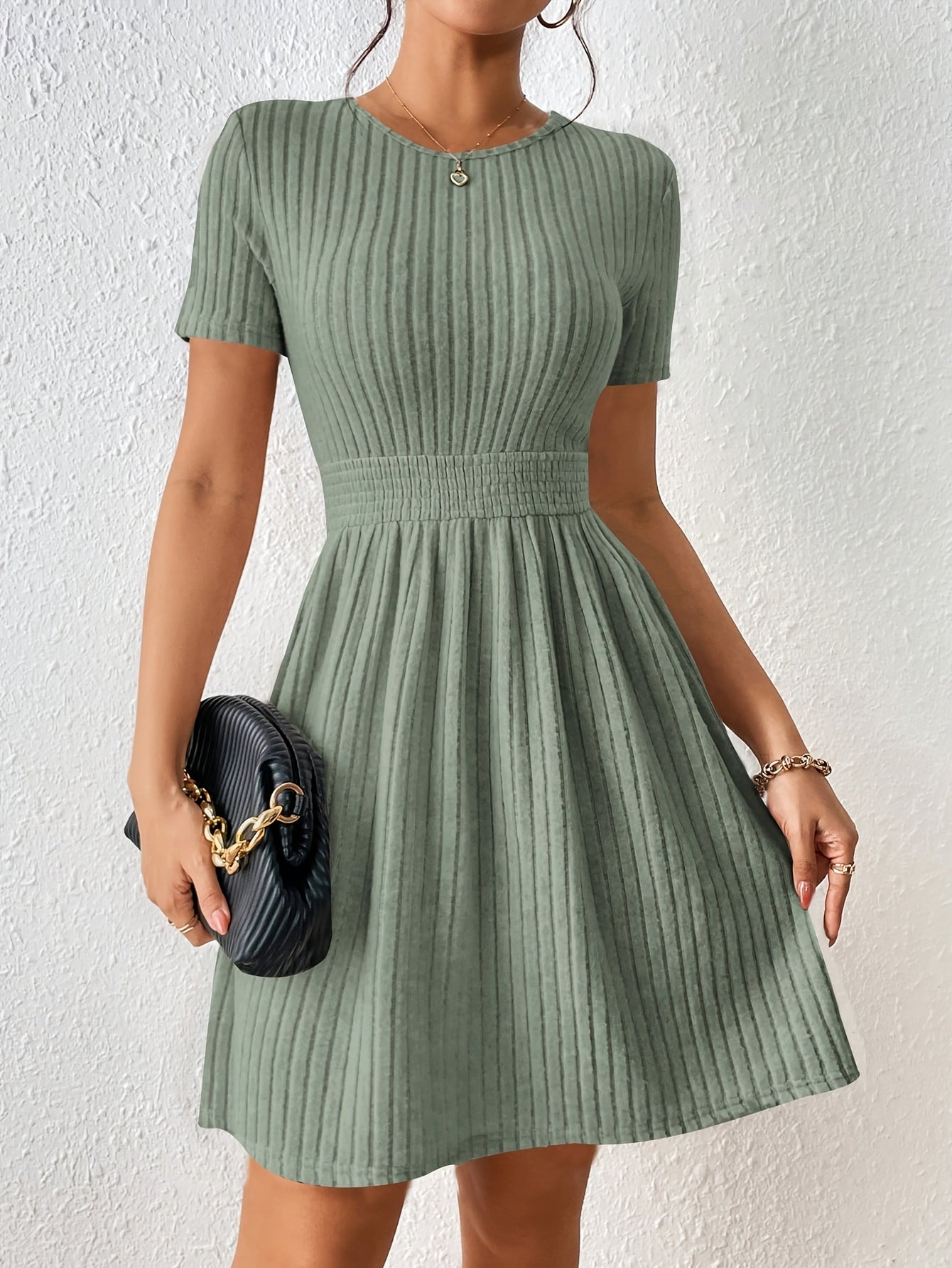 Comfortable Ribbed Knit Fit and Flare Mini Dress for Women with Round Neck Short Sleeve Smocked Waist Casual Style
