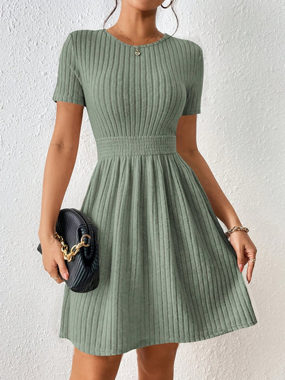 Comfortable Ribbed Knit Fit and Flare Mini Dress for Women with Round Neck Short Sleeve Smocked Waist Casual Style