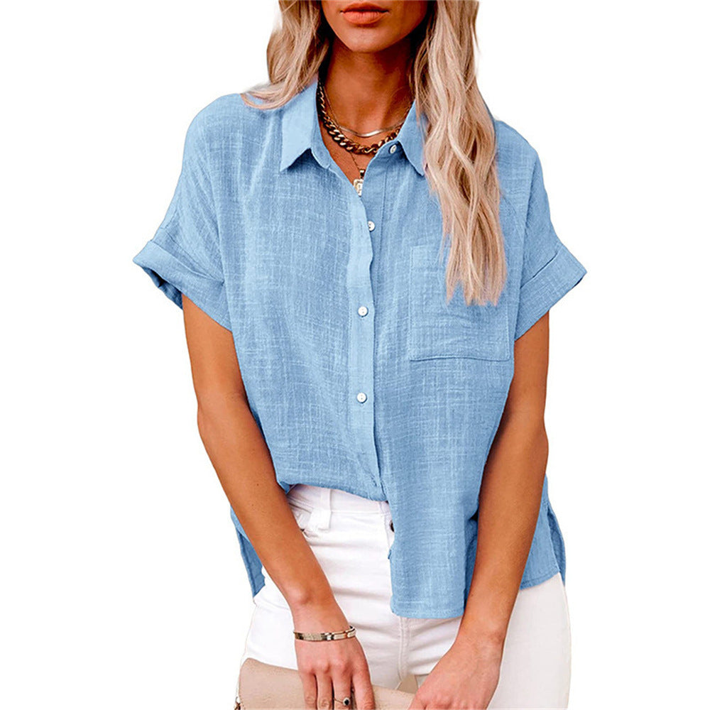 Effortless Linen Blouse for Women with Collar Short Sleeve Button Front High Low Casual Style