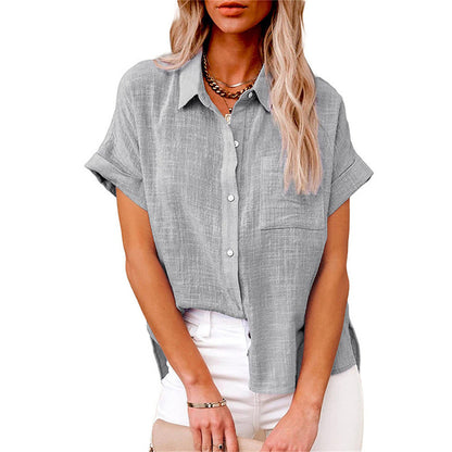 Effortless Linen Blouse for Women with Collar Short Sleeve Button Front High Low Casual Style