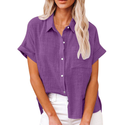 Effortless Linen Blouse for Women with Collar Short Sleeve Button Front High Low Casual Style