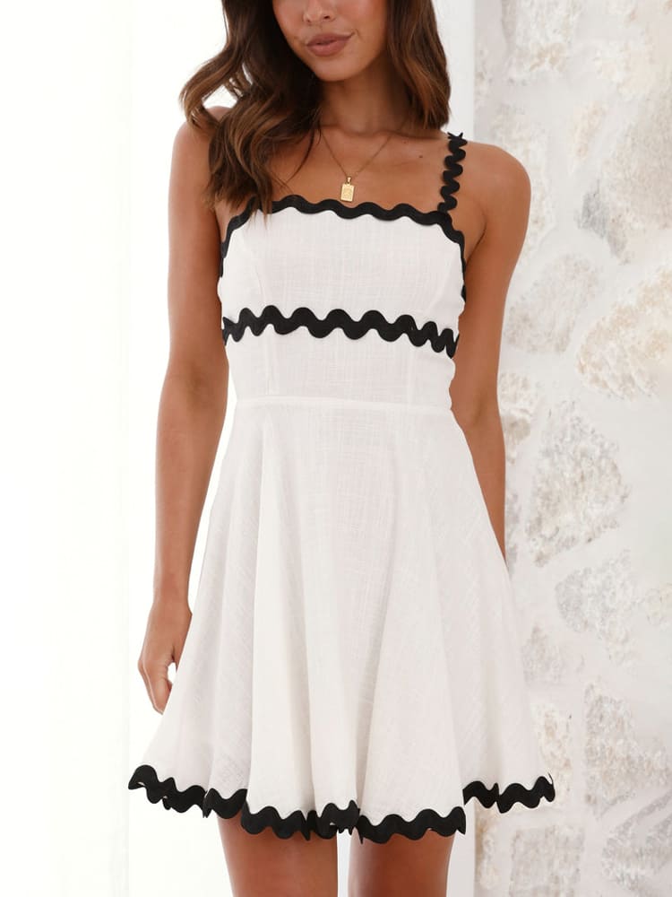 Effortless Contrast Trim Linen Mini Dress for Women with Square Neck Sleeveless Fit and Flare Casual Style