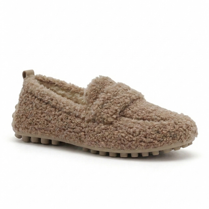Comfortable House Shoes for Women with Curly Faux Fur Upper Moccasin Slip On Rubber Sole Style