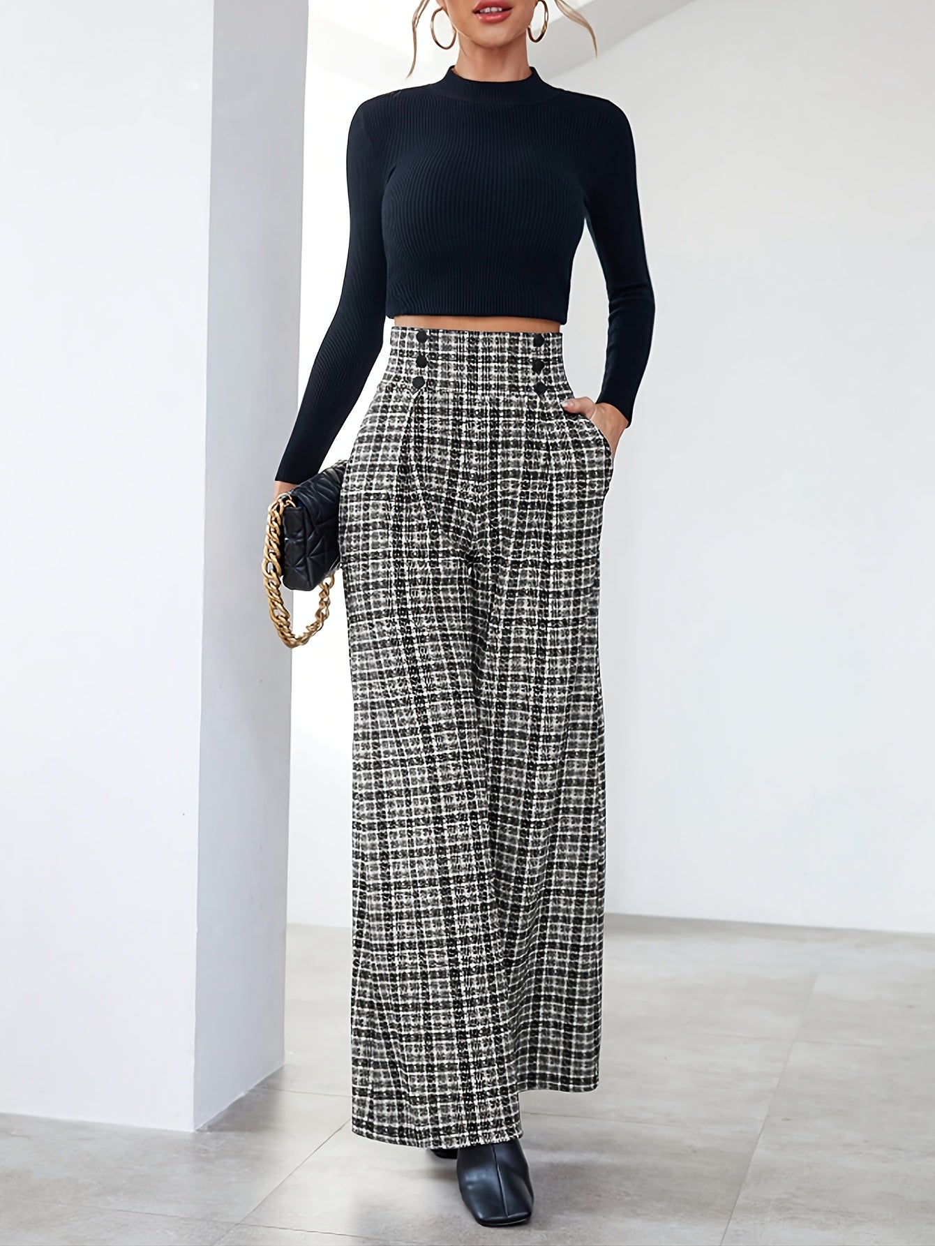Elegant Multicolor Plaid Wide Leg Pants for Women with High Waist Button Front Pleated Casual Style
