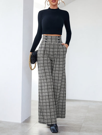 Elegant Multicolor Plaid Wide Leg Pants for Women with High Waist Button Front Pleated Casual Style