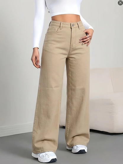 Effortless Khaki Wide Leg Jeans for Women with High Waist Button Fly Relaxed Casual Style