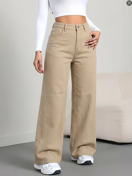 Effortless Khaki Wide Leg Jeans for Women with High Waist Button Fly Relaxed Casual Style