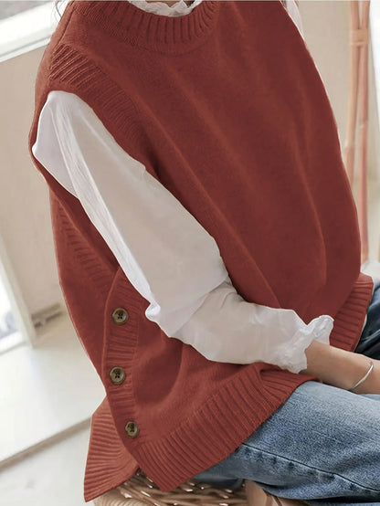 Comfortable Sweater Vest for Women with Mock Neck Sleeveless Side Button Relaxed Oversized Knit Style