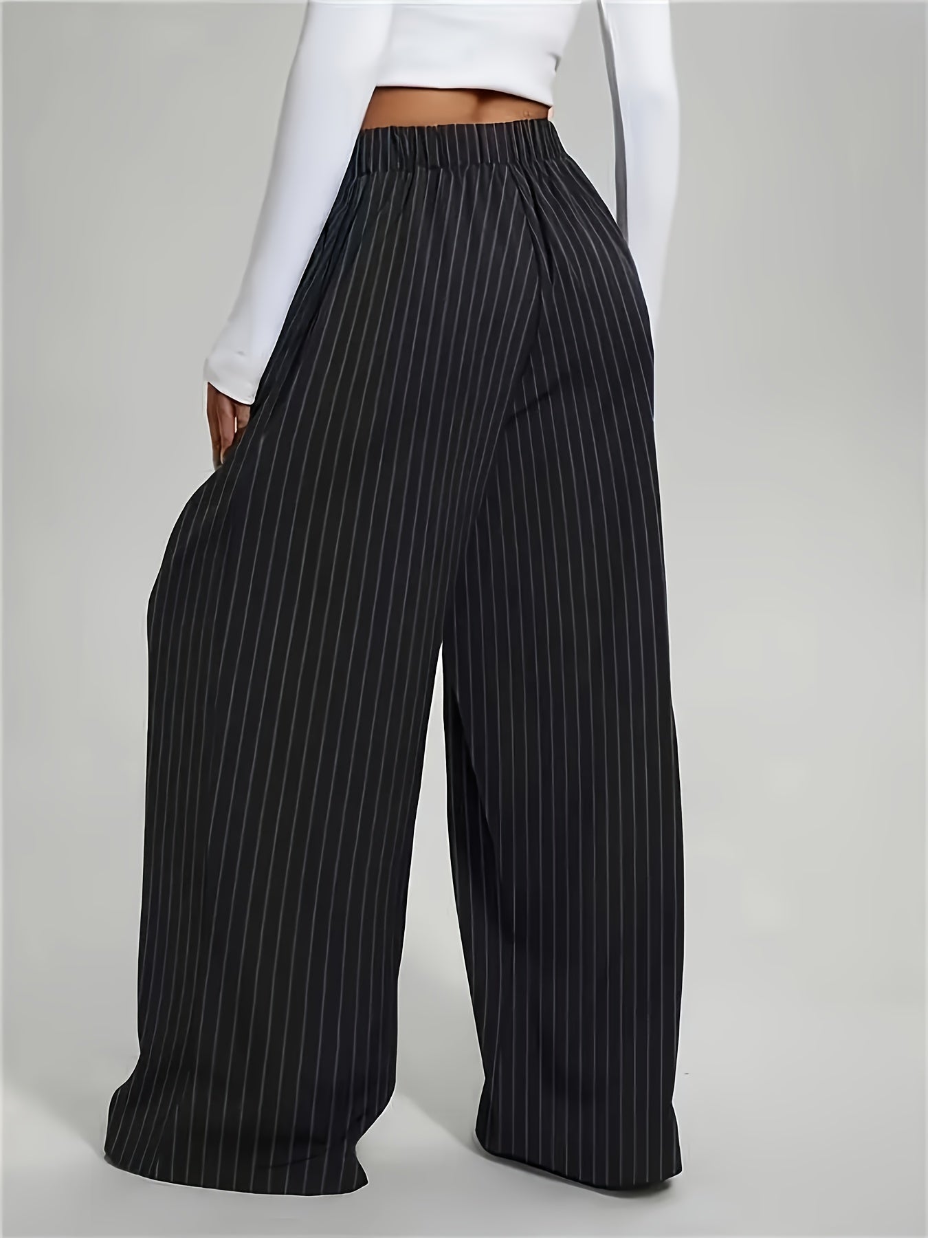 Elegant Black Pinstripe Wide Leg Pants for Women with High Waist Pleated Front Tailored Style