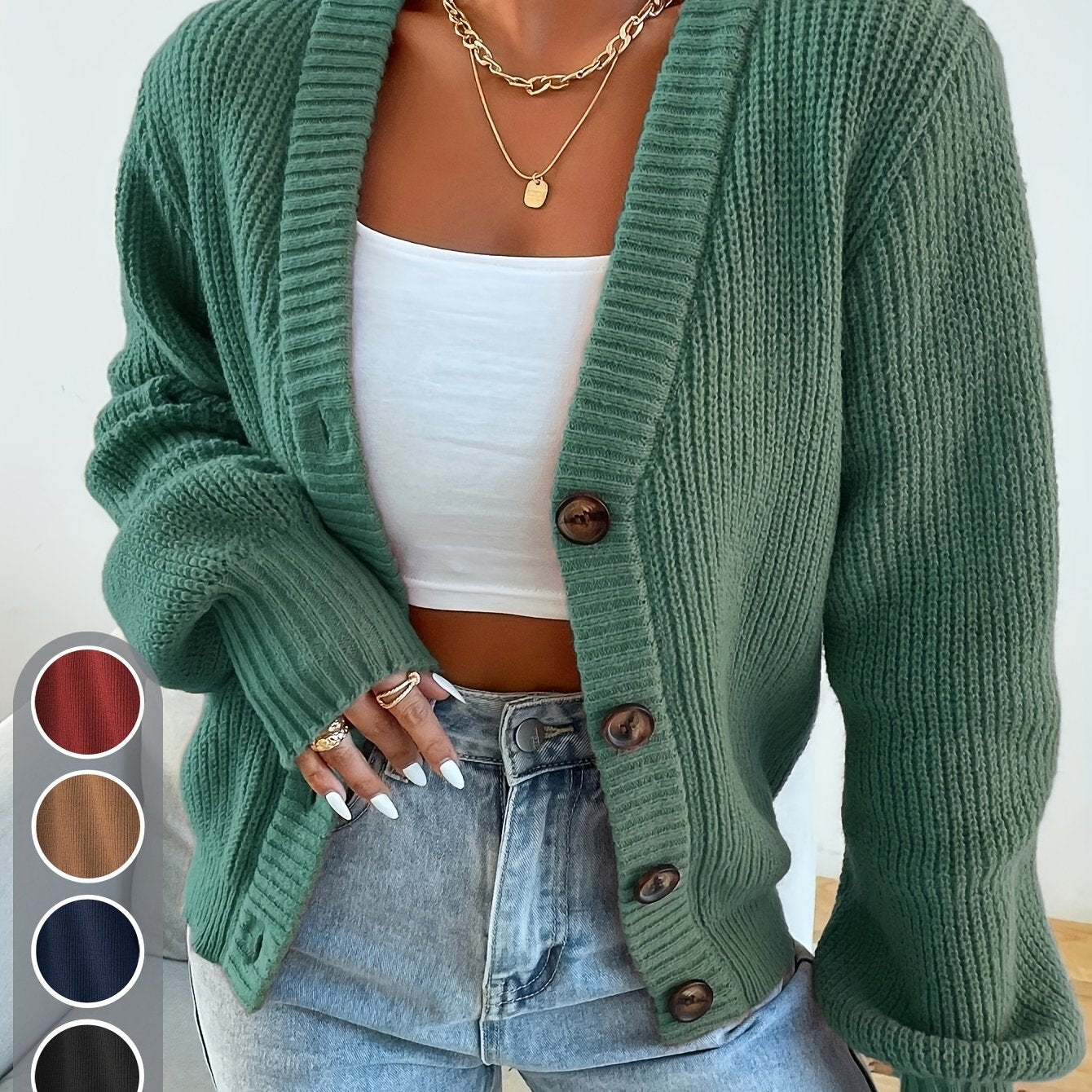 Comfortable Ribbed Knit Cardigan for Women with V Neck Balloon Sleeve Button Front Oversized Style