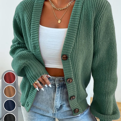 Comfortable Ribbed Knit Cardigan for Women with V Neck Balloon Sleeve Button Front Oversized Style