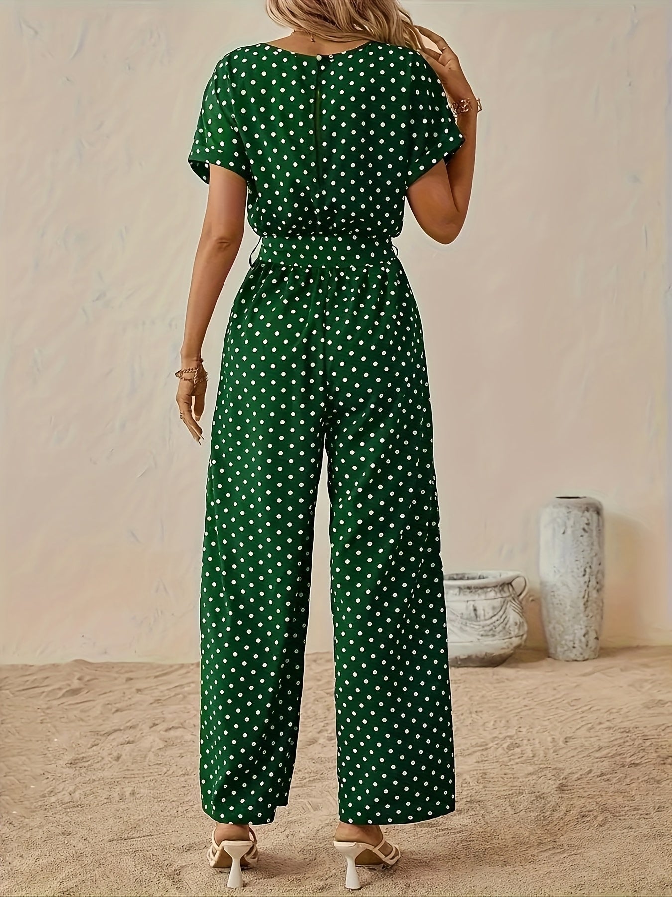 Effortless Polka Dot Jumpsuit for Women with Boat Neck Short Sleeve Tied Waist Wide Leg Style