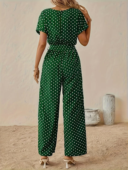 Effortless Polka Dot Jumpsuit for Women with Boat Neck Short Sleeve Tied Waist Wide Leg Style