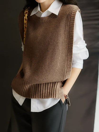 Comfortable Ribbed Sweater Vest for Women with Round Neck Sleeveless Oversized Relaxed Knit Style