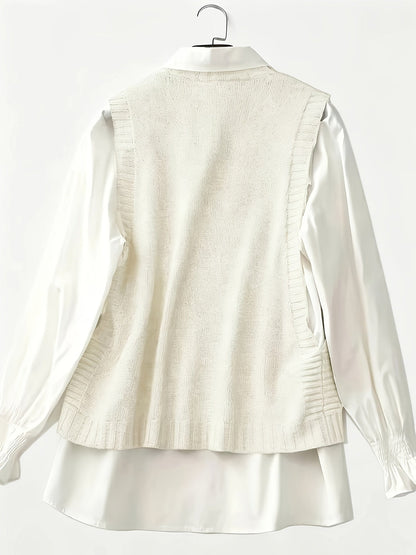 Comfortable Knit Sweater Vest for Women with Round Neck Sleeveless Button Front Ribbed Trim Style