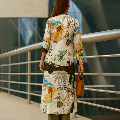Effortless Tropical Print Two Piece Set for Women with Longline Duster Jacket Wide Leg Pant Bohemian Style