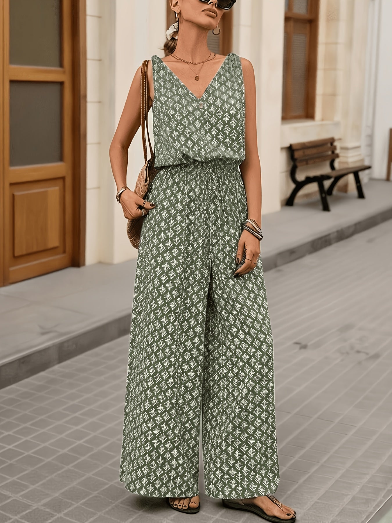 Effortless Olive Green Printed Jumpsuit for Women with V Neck Button Front Wide Leg Bohemian Style