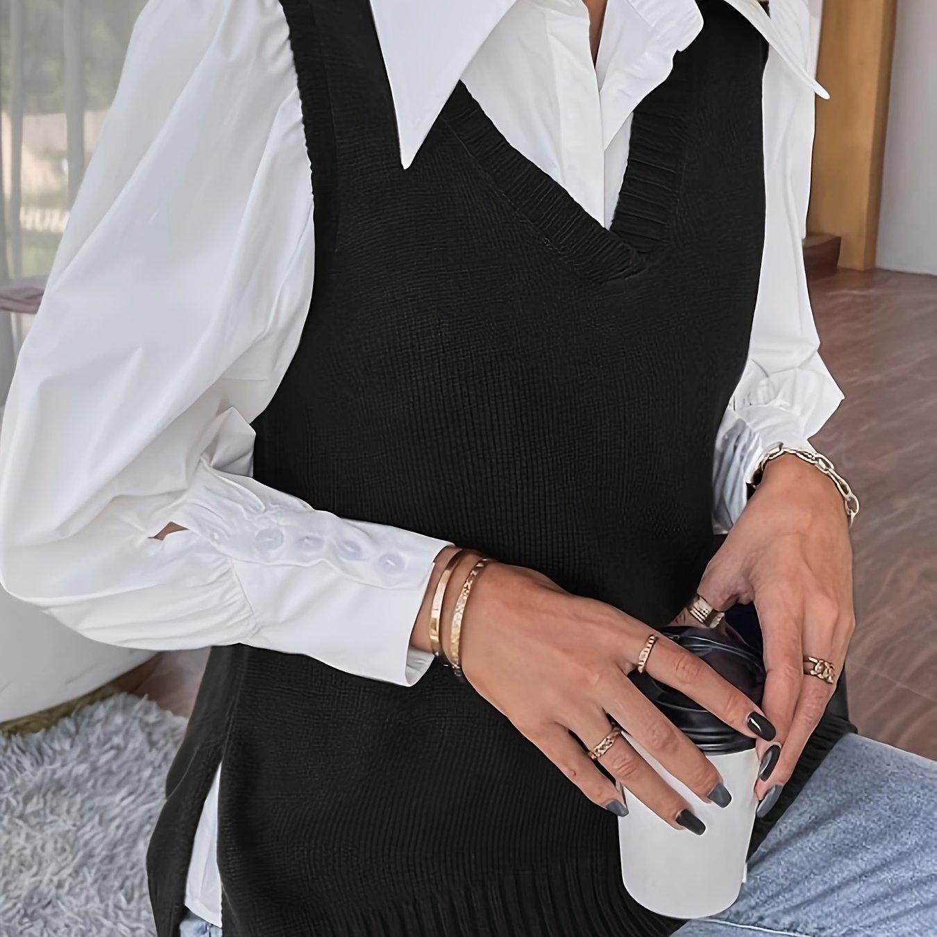 Comfortable Ribbed Knit Sweater Vest for Women with V Neck Sleeveless Relaxed Side Slit Casual Style