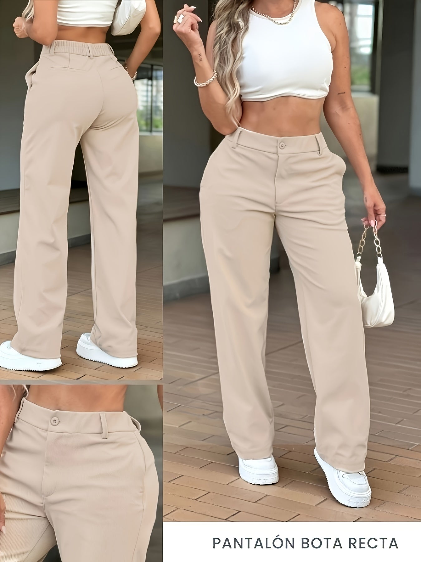Effortless Khaki Wide Leg Trouser for Women with High Waist Button Front Straight Leg Relaxed Style