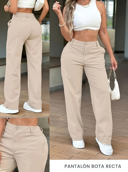 Effortless Khaki Wide Leg Trouser for Women with High Waist Button Front Straight Leg Relaxed Style