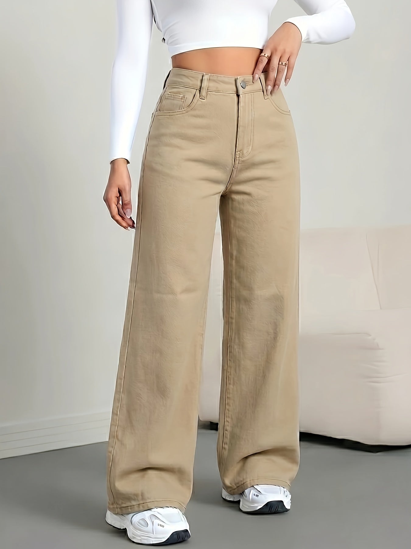 Effortless Khaki Wide Leg Jeans for Women with High Waist Button Fly Relaxed Casual Style