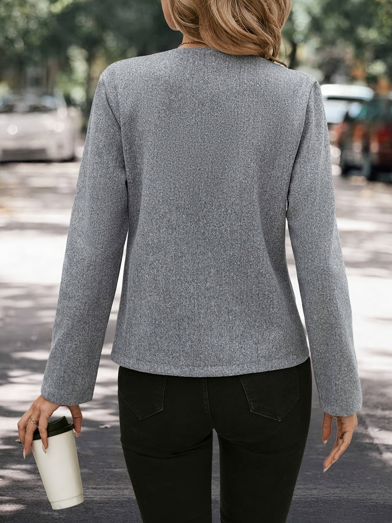 Elegant Grey Tweed Jacket for Women with Round Neck Long Sleeve Button Front Relaxed Style