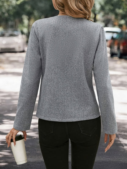 Elegant Grey Tweed Jacket for Women with Round Neck Long Sleeve Button Front Relaxed Style
