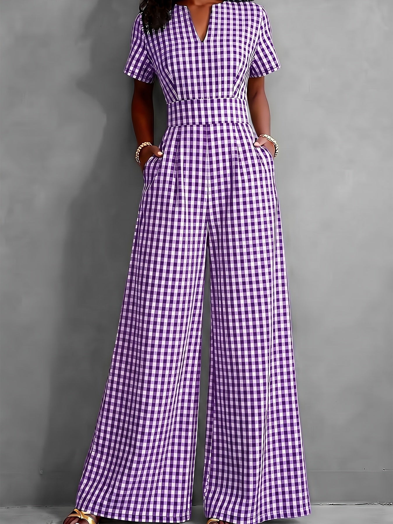 Effortless Gingham Wide Leg Jumpsuit for Women with V Neck Short Sleeve Pleated Pocket Casual Style