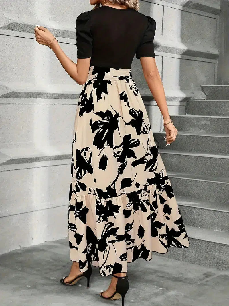 Elegant Floral Maxi Dress for Women with Round Neck Puff Sleeve Belted Tiered Style