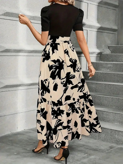 Elegant Floral Maxi Dress for Women with Round Neck Puff Sleeve Belted Tiered Style