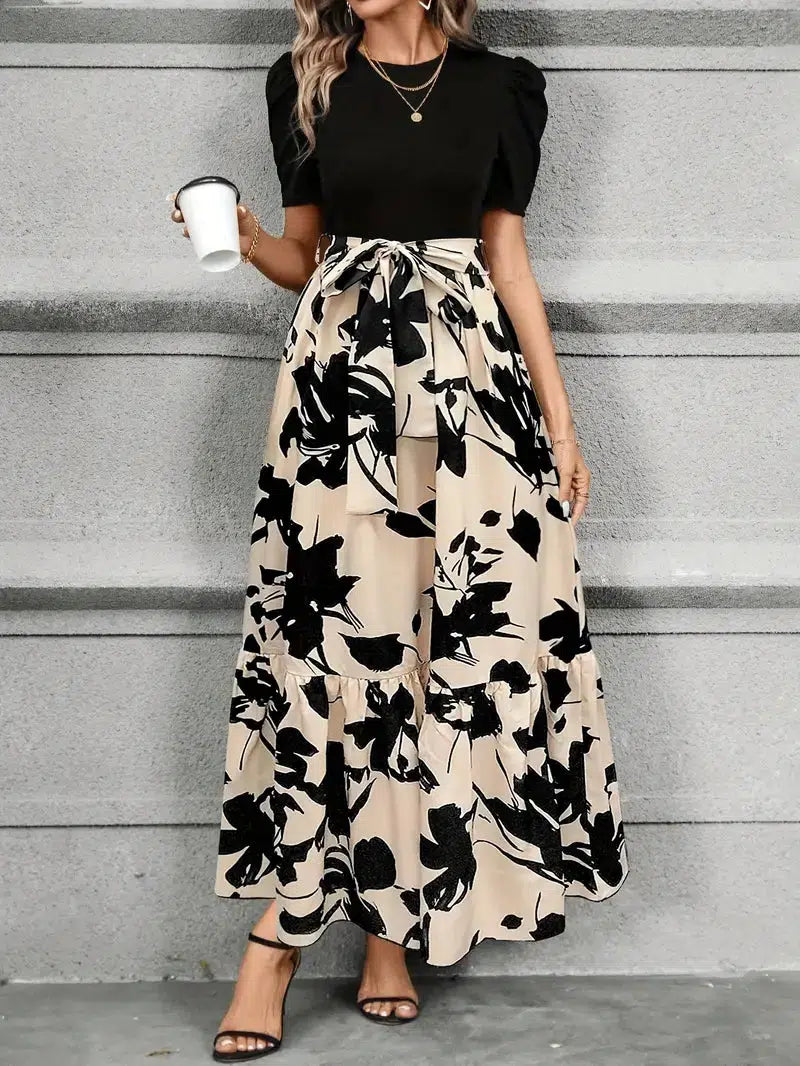 Elegant Floral Maxi Dress for Women with Round Neck Puff Sleeve Belted Tiered Style