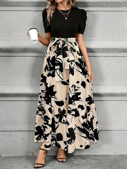 Elegant Floral Maxi Dress for Women with Round Neck Puff Sleeve Belted Tiered Style