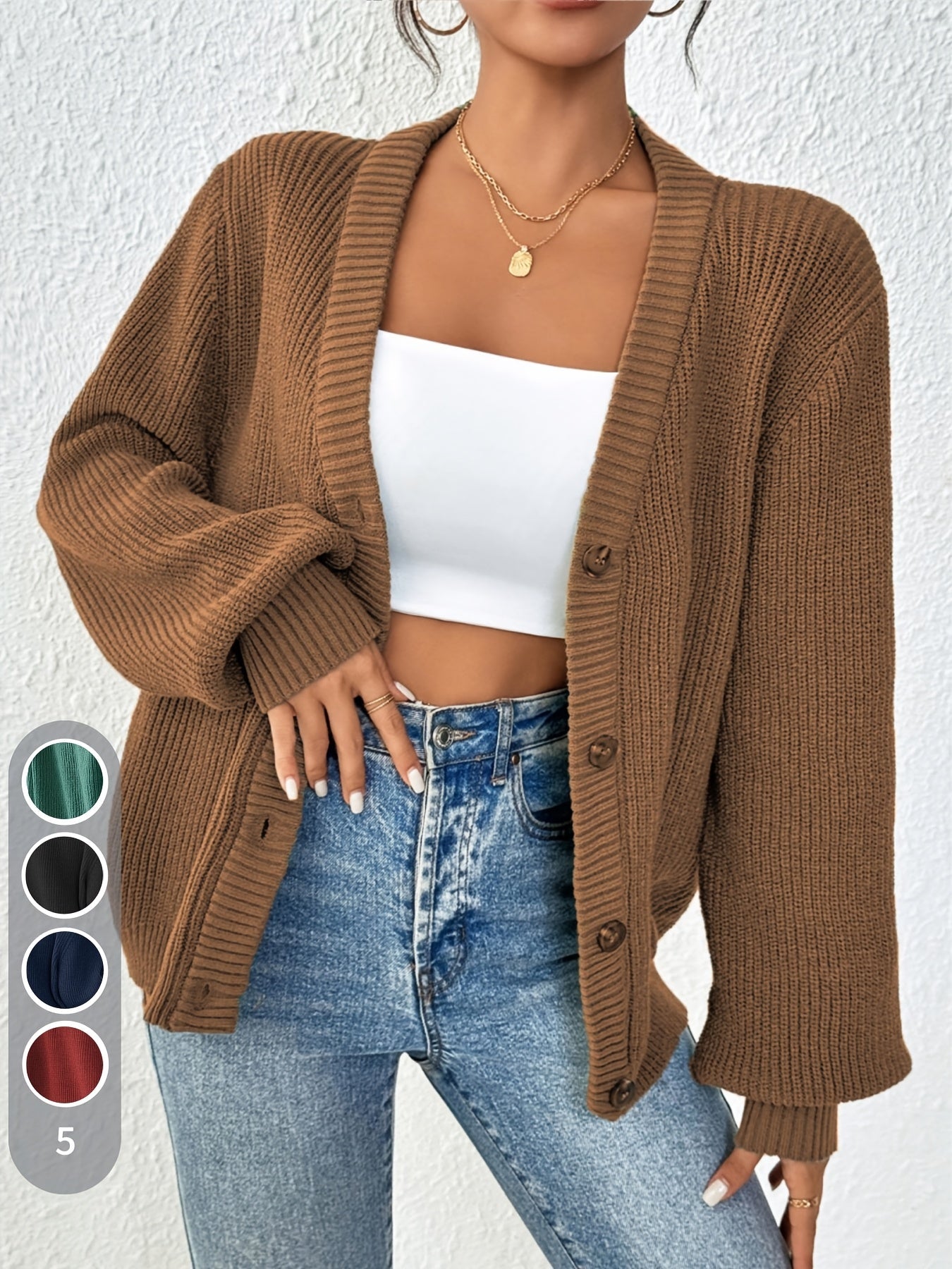 Comfortable Ribbed Knit Cardigan for Women with V Neck Balloon Sleeve Button Front Oversized Style