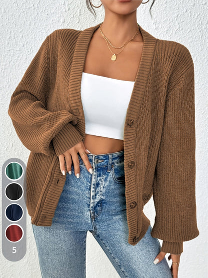 Comfortable Ribbed Knit Cardigan for Women with V Neck Balloon Sleeve Button Front Oversized Style