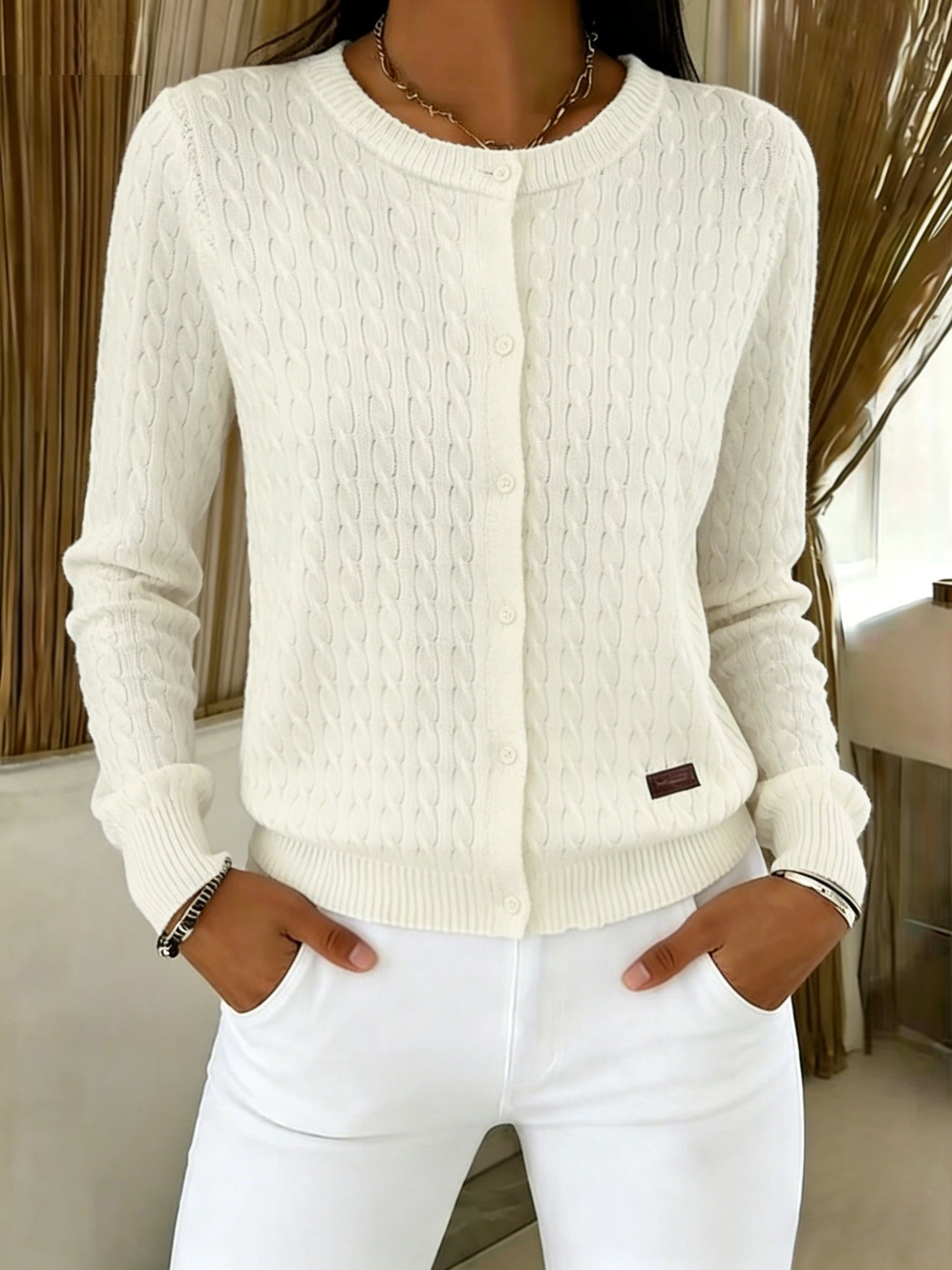 Comfortable Cable Knit Cardigan for Women with Crew Neck Long Sleeve Button Front Relaxed Style
