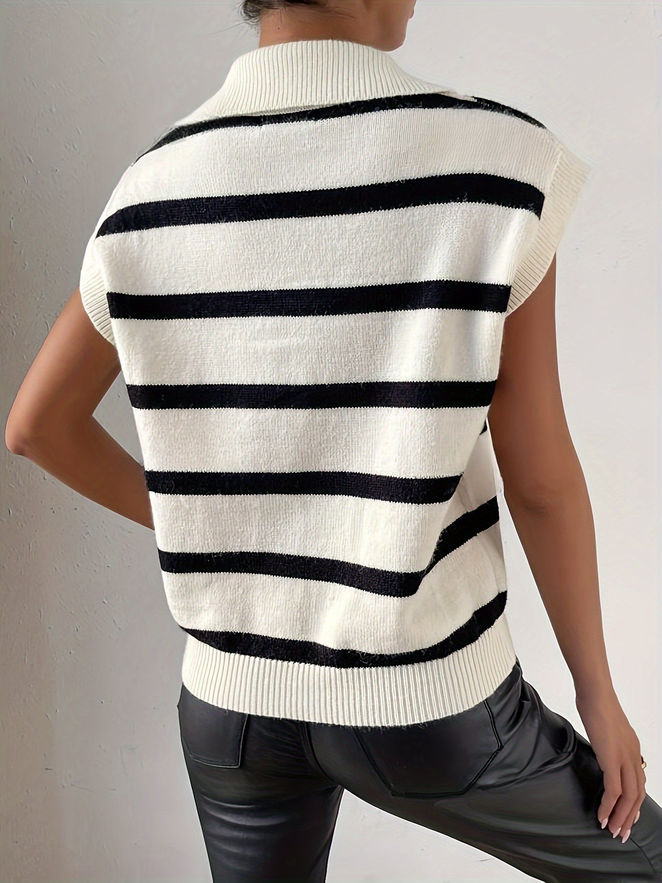 Elegant White and Black Striped Sweater Vest for Women with Collar V Neck Sleeveless Relaxed Knit Style