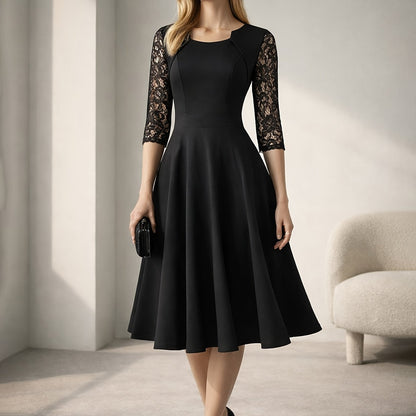 Elegant Lace Midi Dress for Women with Square Neck Three Quarter Sleeve Fit and Flare Cocktail Style