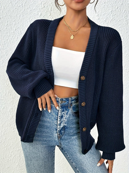 Comfortable Ribbed Knit Cardigan for Women with V Neck Balloon Sleeve Button Front Oversized Style
