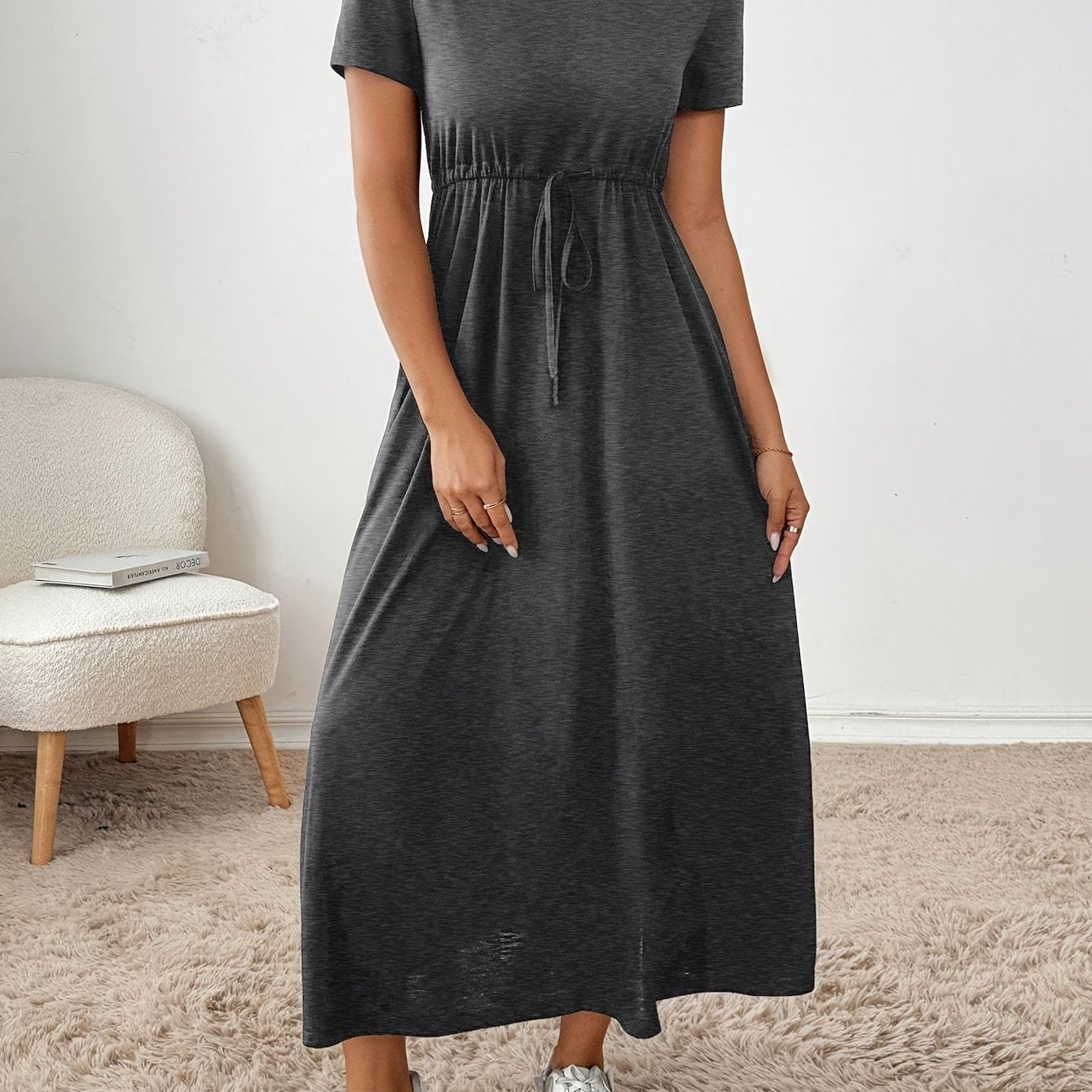 Effortless Drawstring Maxi Dress for Women with Round Neck Short Sleeve Cinched Waist Flowing Casual Style