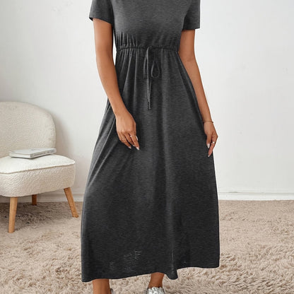 Effortless Drawstring Maxi Dress for Women with Round Neck Short Sleeve Cinched Waist Flowing Casual Style